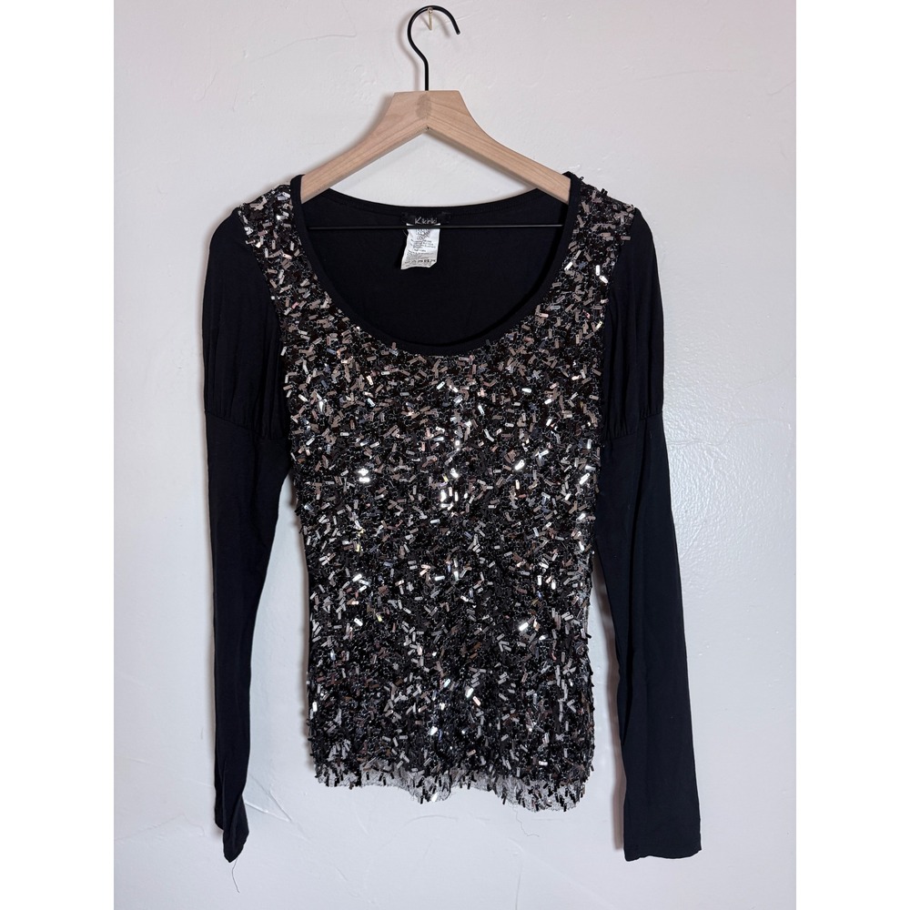 Kikiriki Black Silver Sequin Beaded Long Sleeve Top Y2K Clubwear